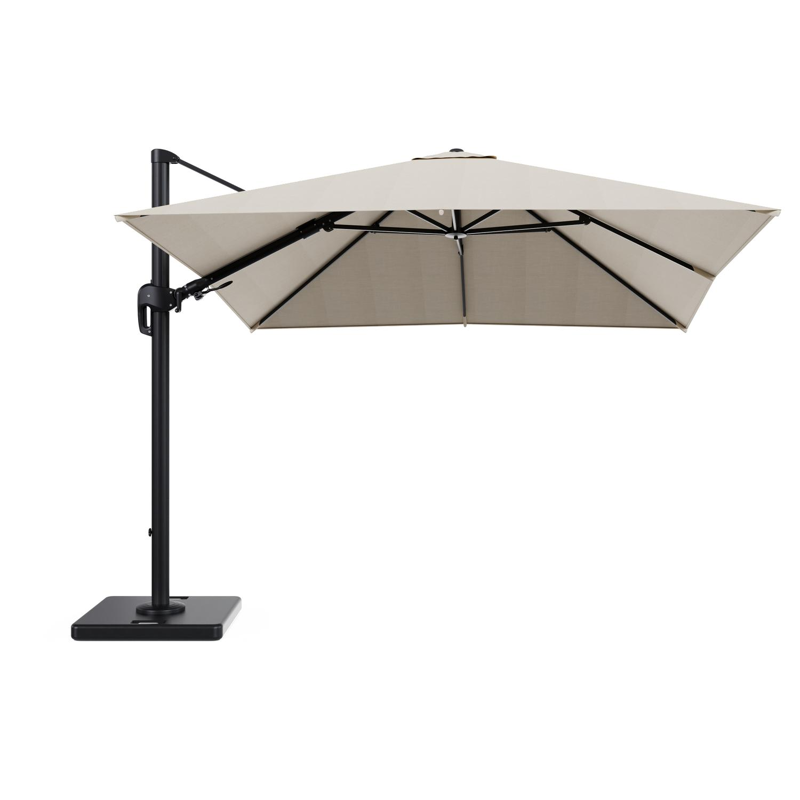 Rufina zweefparasol met tiltfunctie in zwart aluminium met beige all weather sunbrella® premium parasoldoek - L1 300 x L2 300 cm met parasolvoet Lapido 120 kg