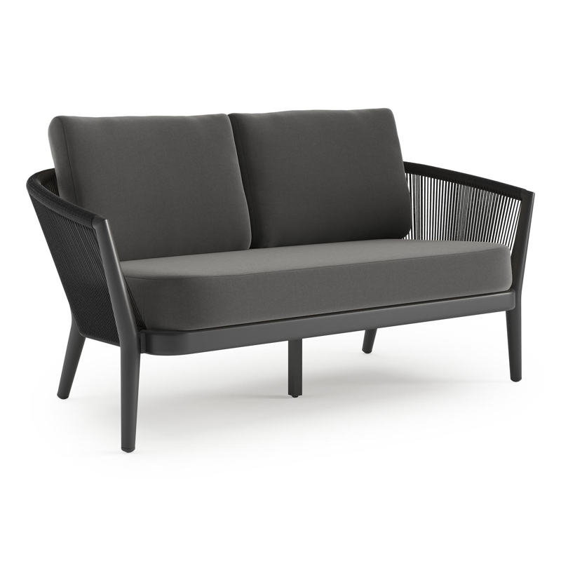 Orso loungebank in zwart aluminium en zwart verticaal geweven ronde rope met Natte Charcoal Chine all weather sunbrella® luxe kussen