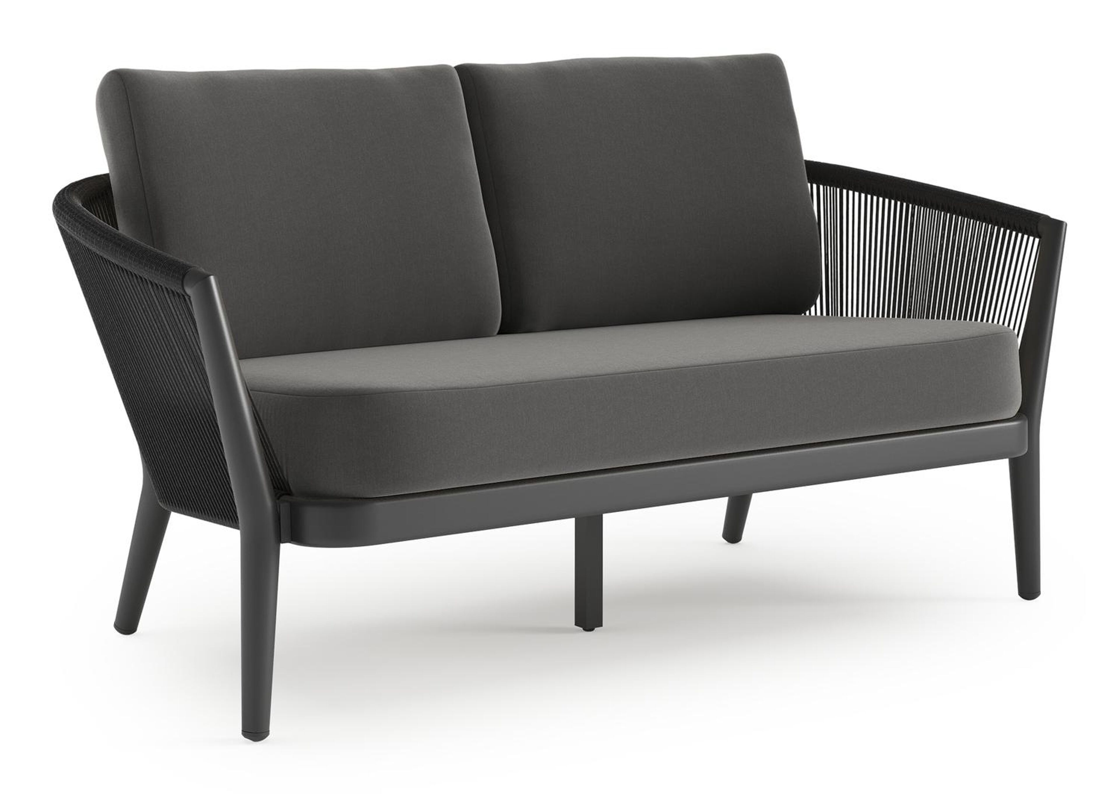 Orso loungebank in zwart aluminium en zwart verticaal geweven ronde rope met Natte Charcoal Chine all weather sunbrella® luxe kussen