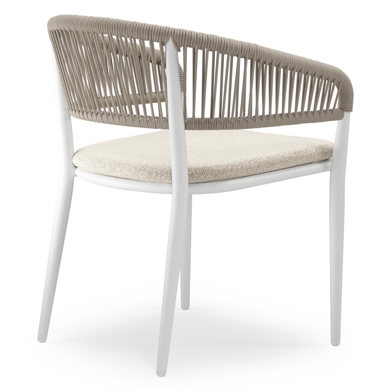 Tolfa stapelbare tuinstoel in wit aluminium en beige verticaal geweven ronde rope met stoelkussen in All Weather Cosytica Marbella Ecru
