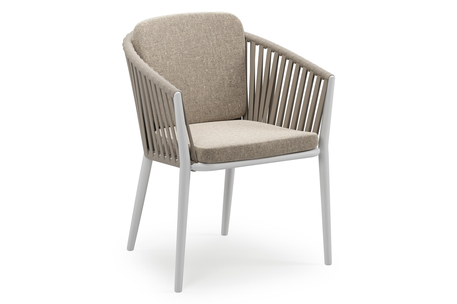 Chaise de jardin empilable Orso en aluminium blanc et corde large plate de luxe tissée verticalement beige avec coussin en All Weather Sunbrella® Luxe Chartres Pewter