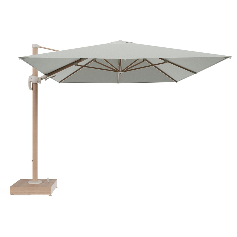 Rufina zweefparasol met tiltfunctie in houtlook aluminium en Slow Spirea All Weather Sunbrella® Luxe parasoldoek - L1 400 x L2 300 cm met parasolvoet Minore 150 kg met wielen