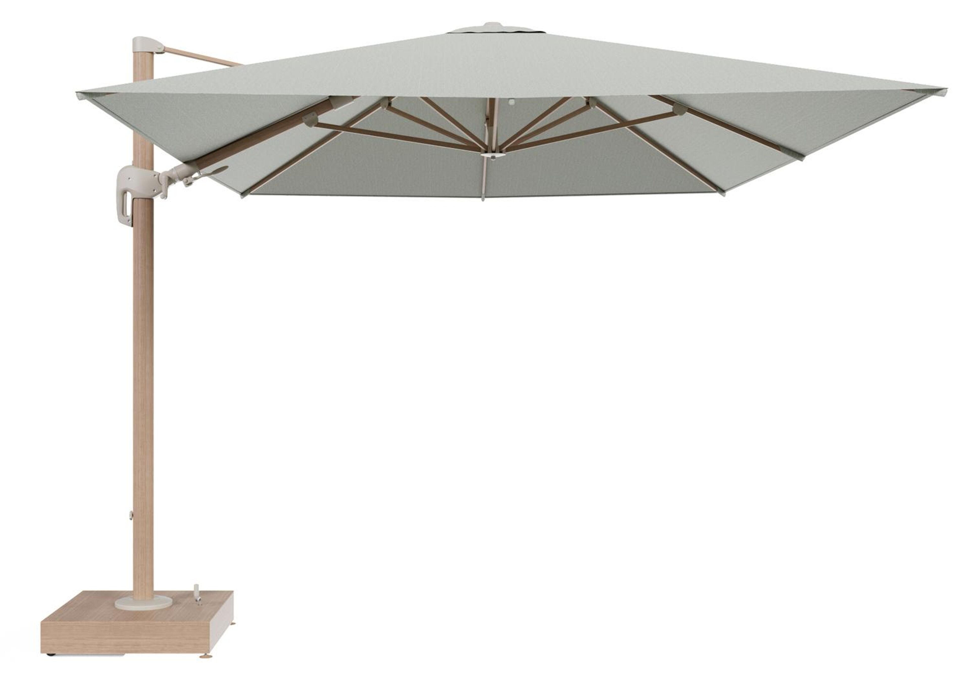 Rufina zweefparasol met tiltfunctie in houtlook aluminium en Slow Spirea All Weather Sunbrella® Luxe parasoldoek - L1 400 x L2 300 cm met parasolvoet Minore 150 kg met wielen