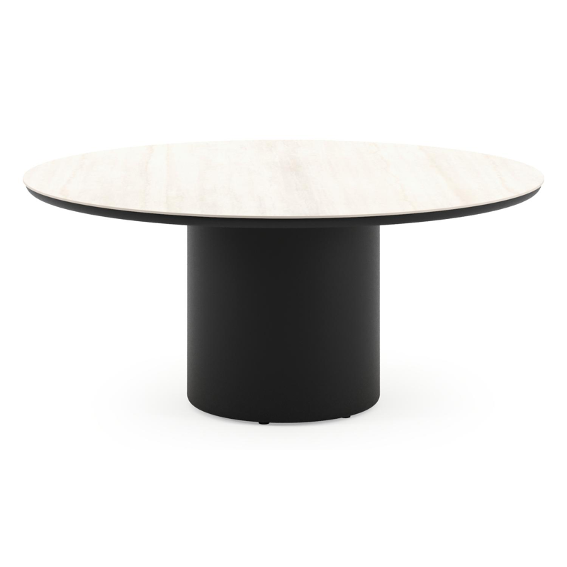 Amico low dining tuintafel rond in zwart aluminium en volkeramiek Travertino Bianco - Dia. 148 x H 61 cm
