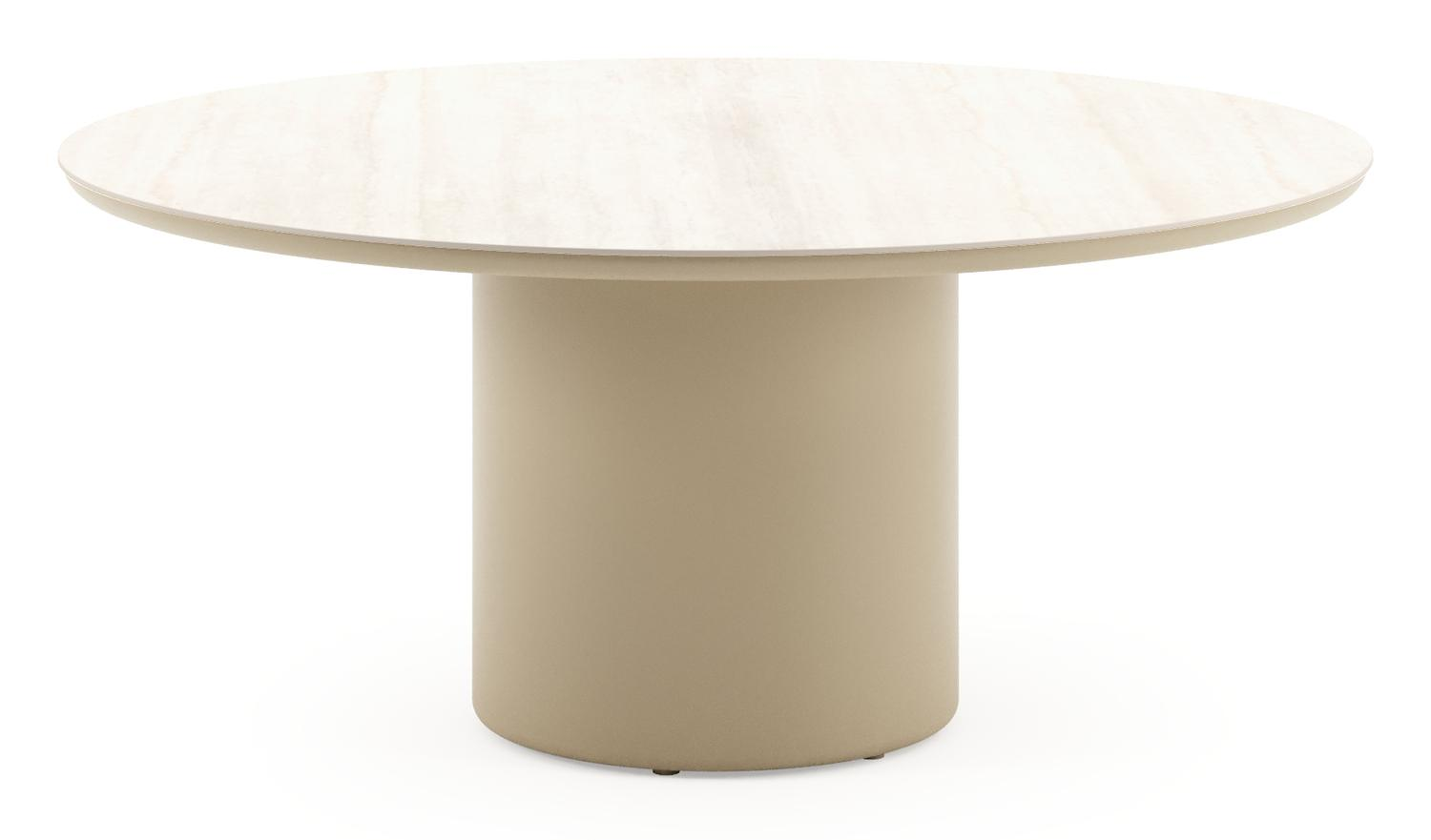 Amico low dining tuintafel rond in beige aluminium en volkeramiek Travertino Bianco - Dia. 148 x H 61 cm