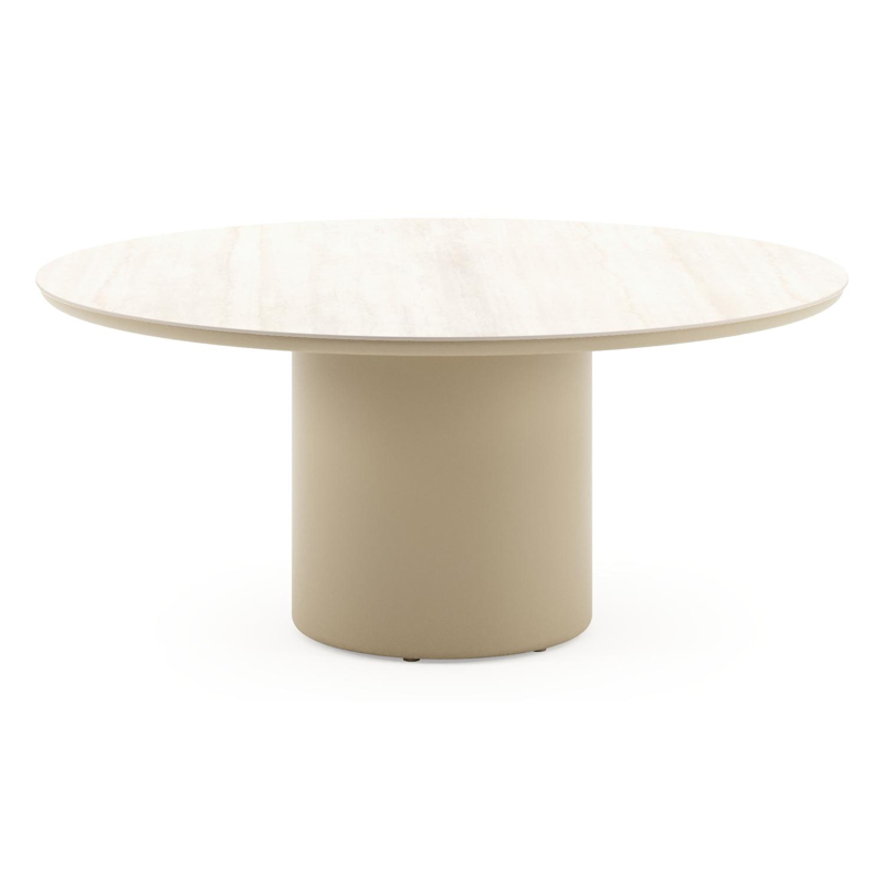 Amico low dining tuintafel rond in beige aluminium en volkeramiek Travertino Bianco - Dia. 148 x H 61 cm