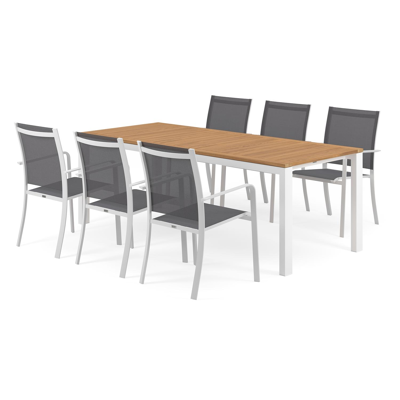 Ensemble de jardin Trente en aluminium blanc avec plateau de table en teck naturel et 6 chaises de jardin empilables Calobra
