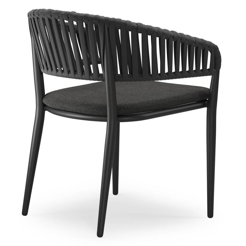 Tolfa stapelbare tuinstoel in zwart aluminium en zwart verticaal geweven luxe vlakke brede rope met stoelkussen in All Weather Sunbrella® Luxe Chartres Sooty
