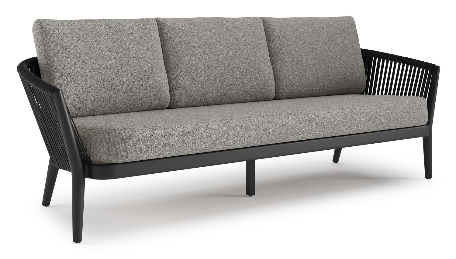 Orso loungebank in zwart aluminium en zwart verticaal geweven ronde rope met Tundra Charcoal all weather sunbrella® luxe kussen