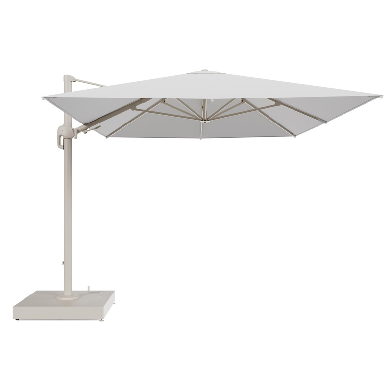 Rufina zweefparasol met tiltfunctie in beige aluminium en Ego Birch All Weather Solica parasoldoek - L1 400 x L2 300 cm met parasolvoet Minore 260 kg met wielen
