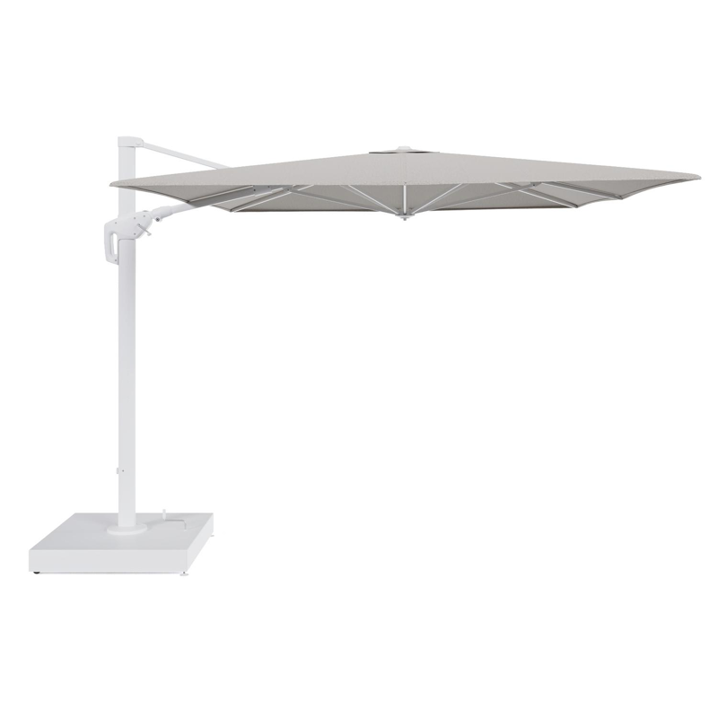 Minore zweefparasol met tiltfunctie in wit aluminium en Firenze Sand All Weather Solica parasoldoek - L1 400 x L2 300 cm met parasolvoet Minore 260 kg met wielen