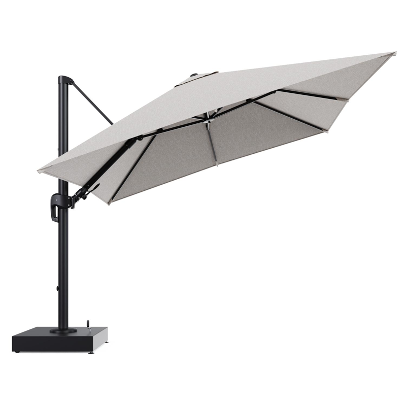 Rufina zweefparasol met tiltfunctie in zwart aluminium en Tundra Sand All Weather Sunbrella® Luxe parasoldoek - L1 300 x L2 300 cm met parasolvoet Minore 150 kg met wielen
