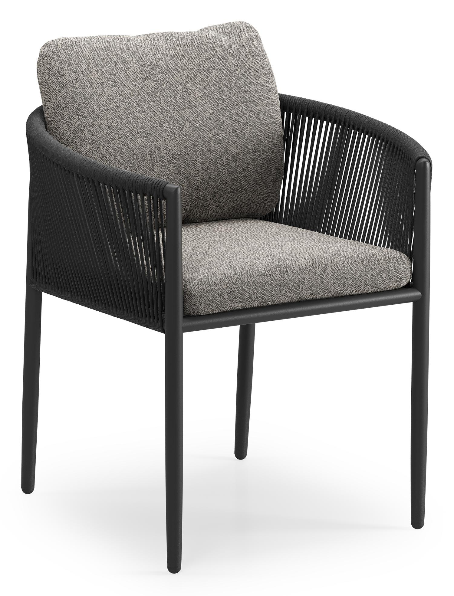 Chaise de jardin Organo en aluminium beige et corde ronde tissée verticalement beige avec coussin en All Weather Sunbrella® Luxe Chartres Drizzle