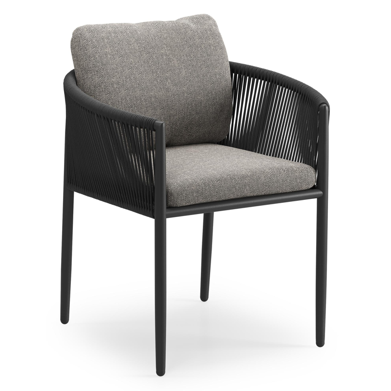 Chaise de jardin Organo en aluminium beige et corde ronde tissée verticalement beige avec coussin en All Weather Sunbrella® Luxe Chartres Drizzle