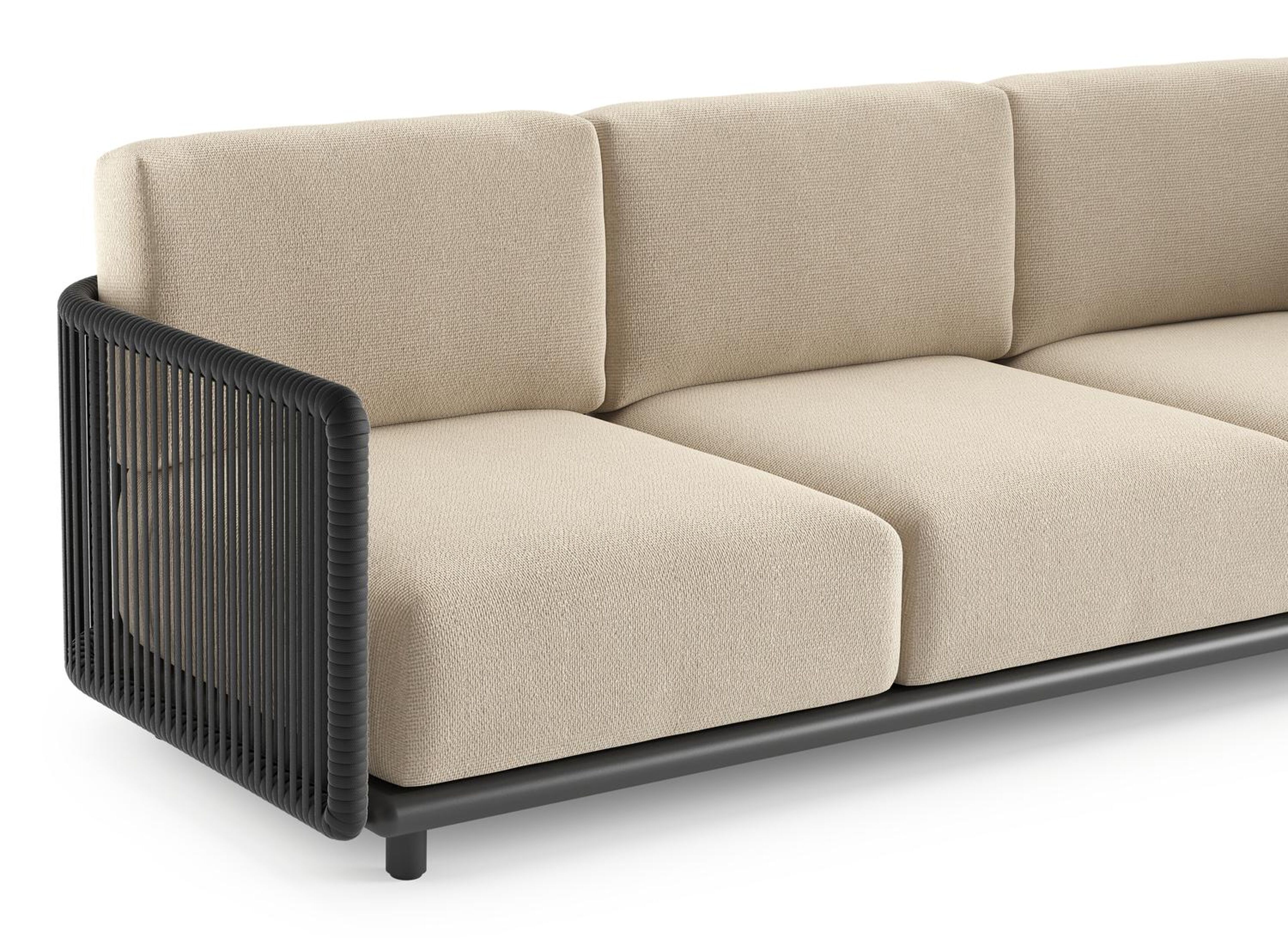 Salon de jardin Organo en aluminium noir et corde luxe plate tissée verticalement noir et coussin en all weather Cosytica althea chalk