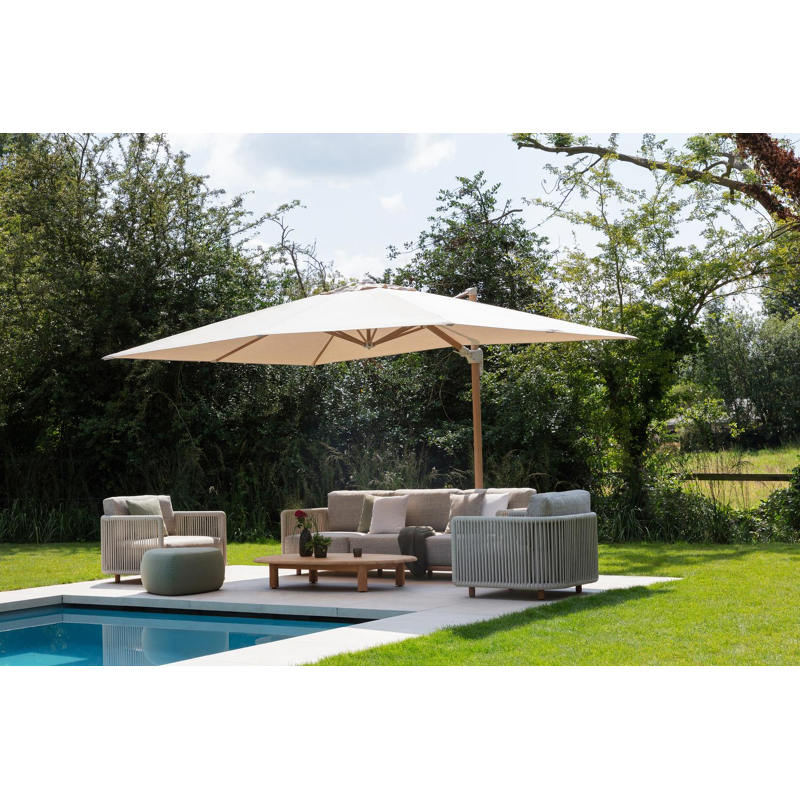 Rufina zweefparasol met tiltfunctie in houtlook met beige all weather sunbrella® premium parasoldoek - L1 400 x L2 300 cm (zonder voet)