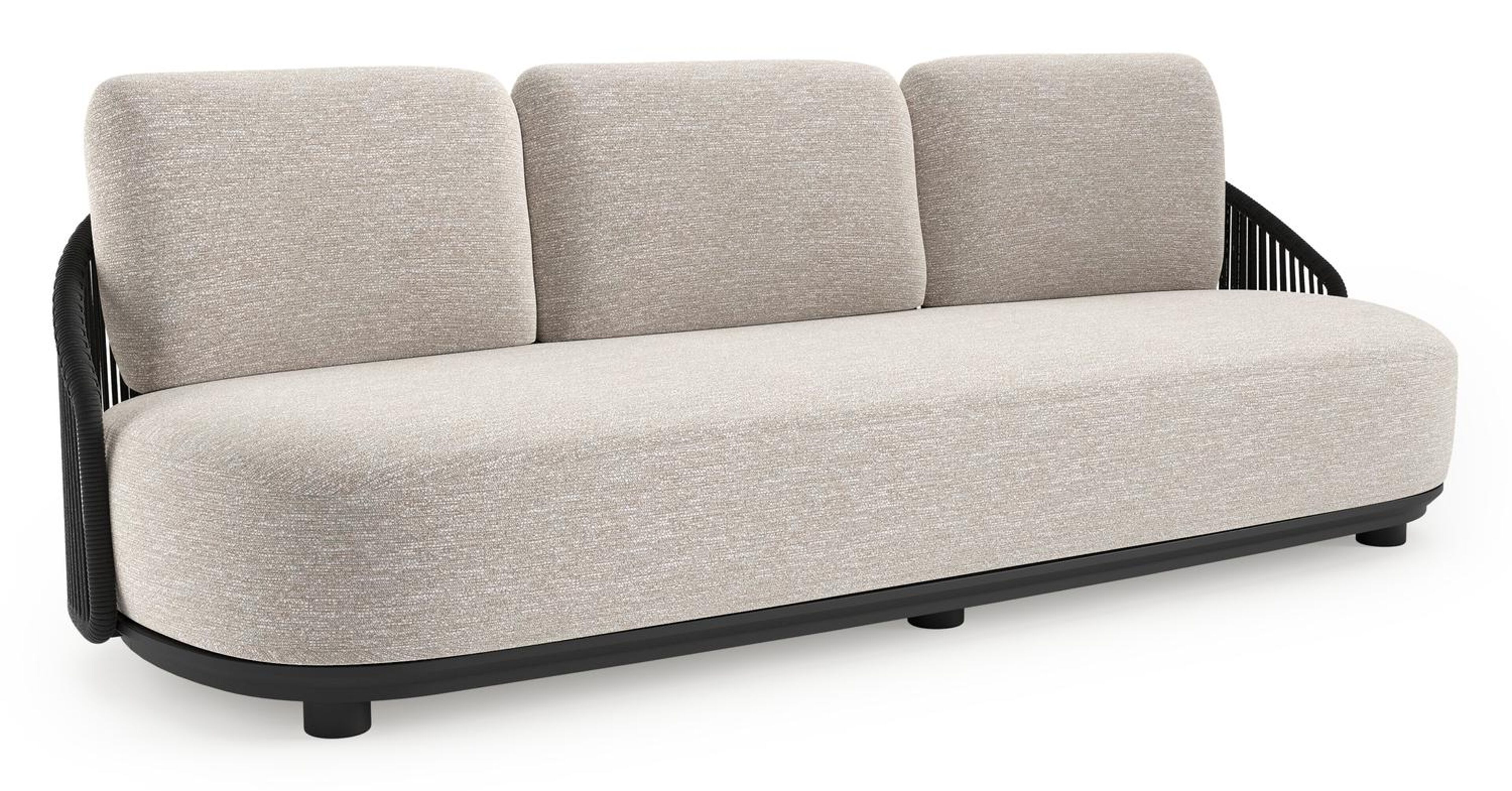 Vadelo loungebank in zwart aluminium en zwart verticaal geweven ronde rope met tundra sand all weather sunbrella® luxe kussen