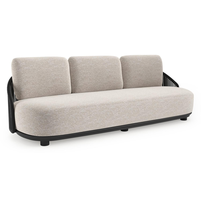 Vadelo loungebank in zwart aluminium en zwart verticaal geweven ronde rope met tundra sand all weather sunbrella® luxe kussen