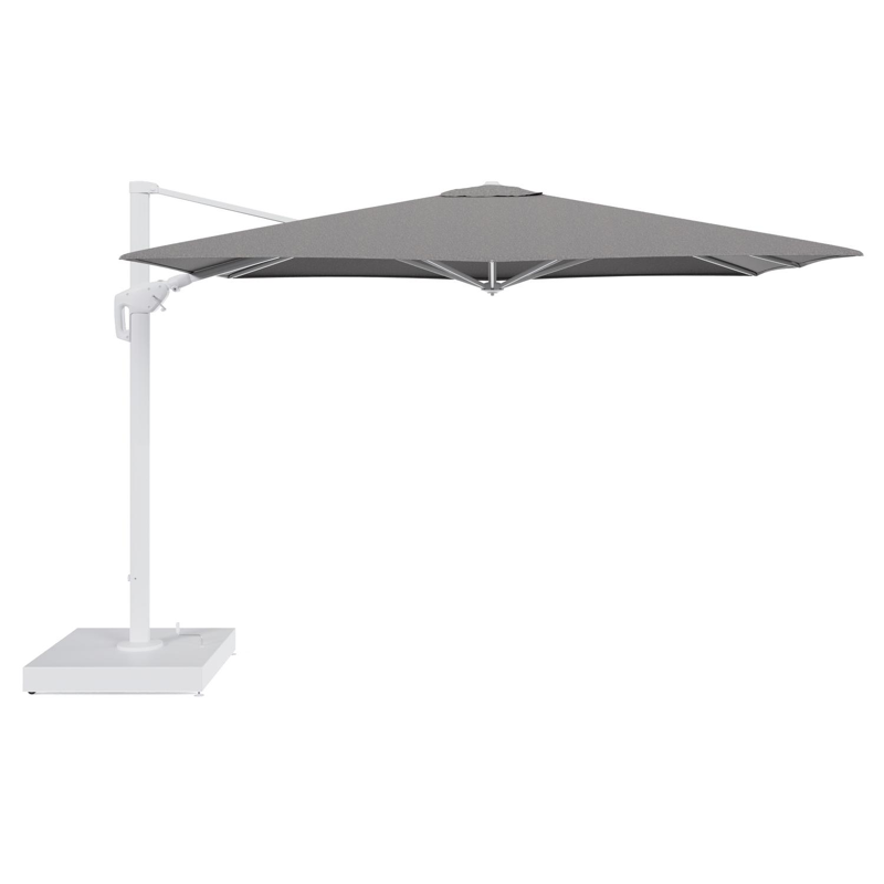 Minore zweefparasol met tiltfunctie in wit aluminium en Chartres Drizzle All Weather Sunbrella® Luxe parasoldoek - L1 280 x L2: 370 cm met parasolvoet Minore 260 kg met wielen