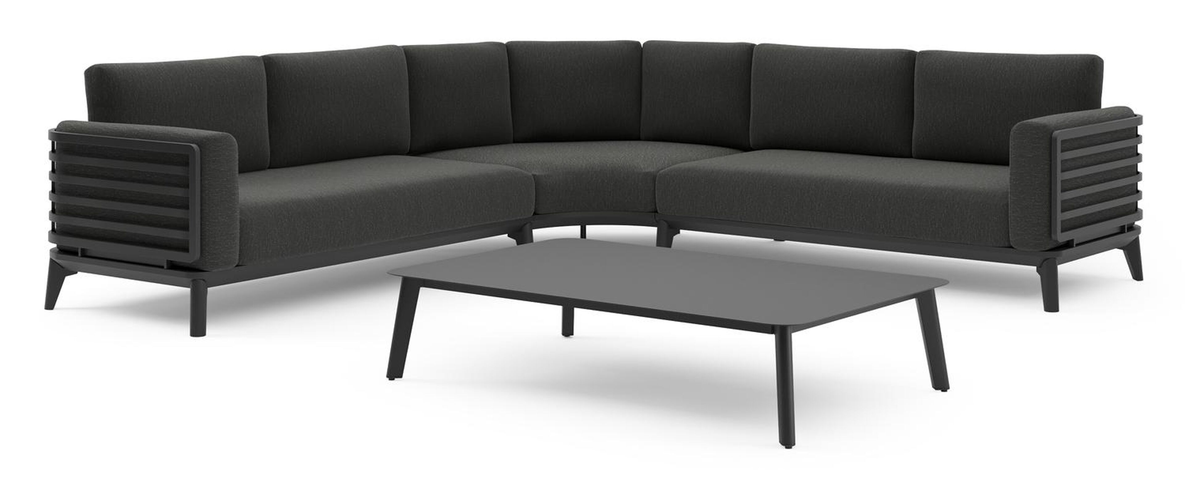 Mosa loungehoek in zwart aluminium met sky black weather+ softtouch kussens en loungetafel