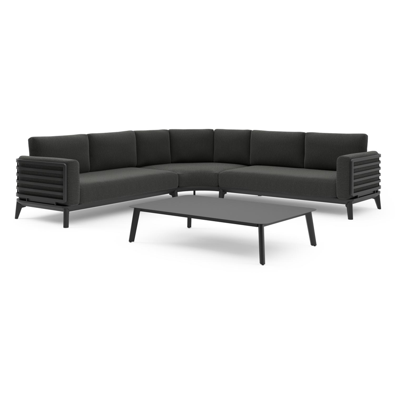 Mosa loungehoek in zwart aluminium met sky black weather+ softtouch kussens en loungetafel