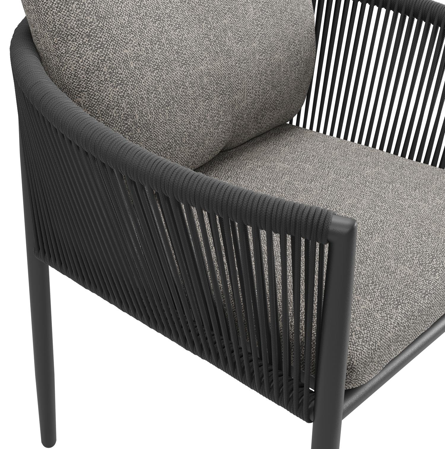 Chaise de jardin Organo en aluminium beige et corde ronde tissée verticalement beige avec coussin en All Weather Sunbrella® Luxe Chartres Drizzle