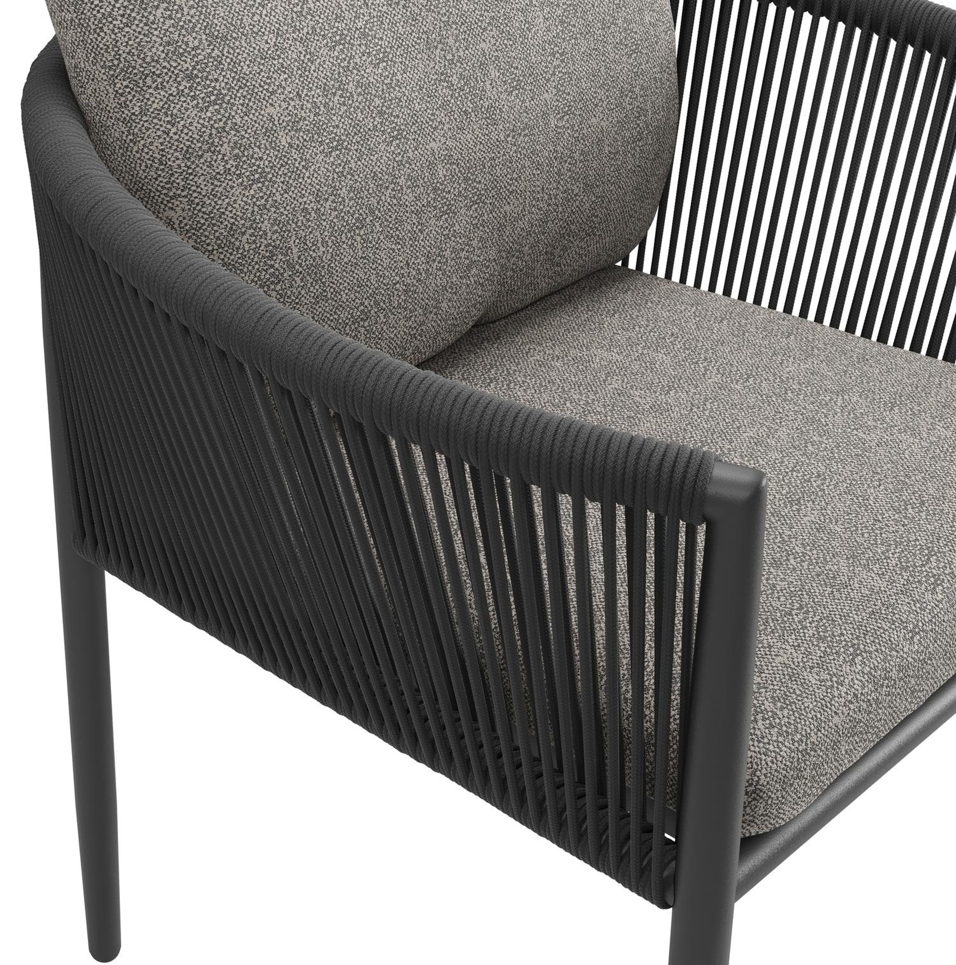 Organo tuinstoel in beige aluminium en beige verticaal geweven ronde rope met stoelkussen in All Weather Sunbrella® Luxe Chartres Drizzle