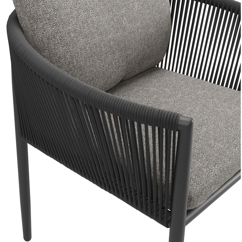 Chaise de jardin Organo en aluminium beige et corde ronde tissée verticalement beige avec coussin en All Weather Sunbrella® Luxe Chartres Drizzle