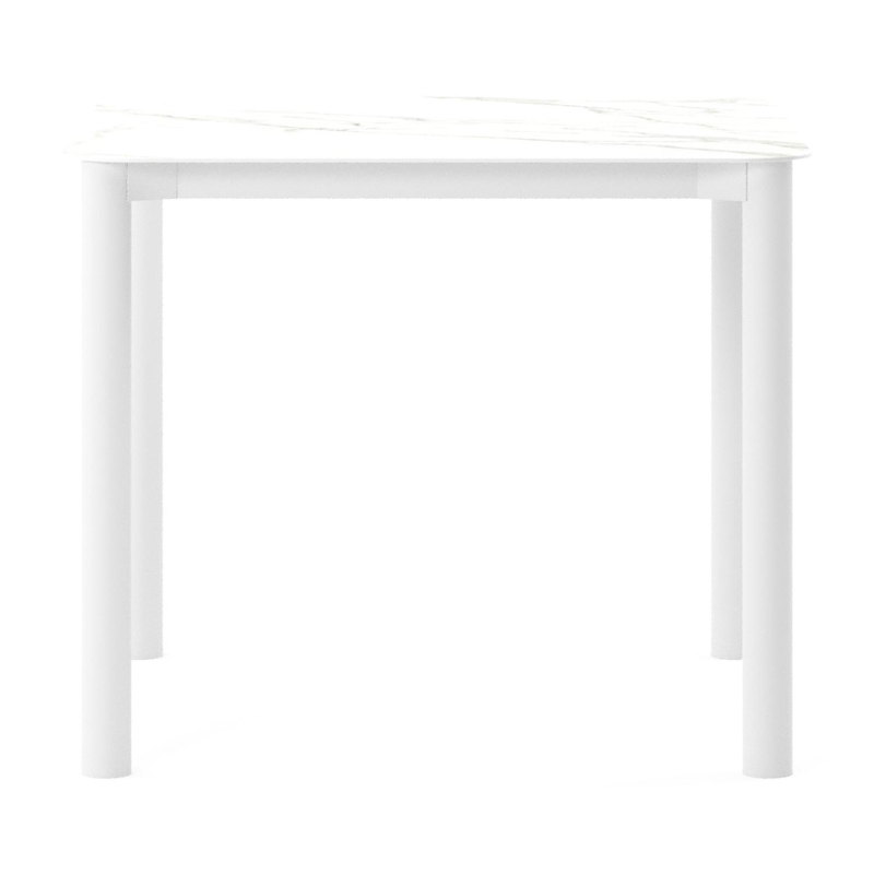 Table de jardin Orso rectangulaire arrondi en aluminium blanc et céramique pleine Calacatta - Lg. 90 x Lrg. 90 x Haut. 74.5 cm