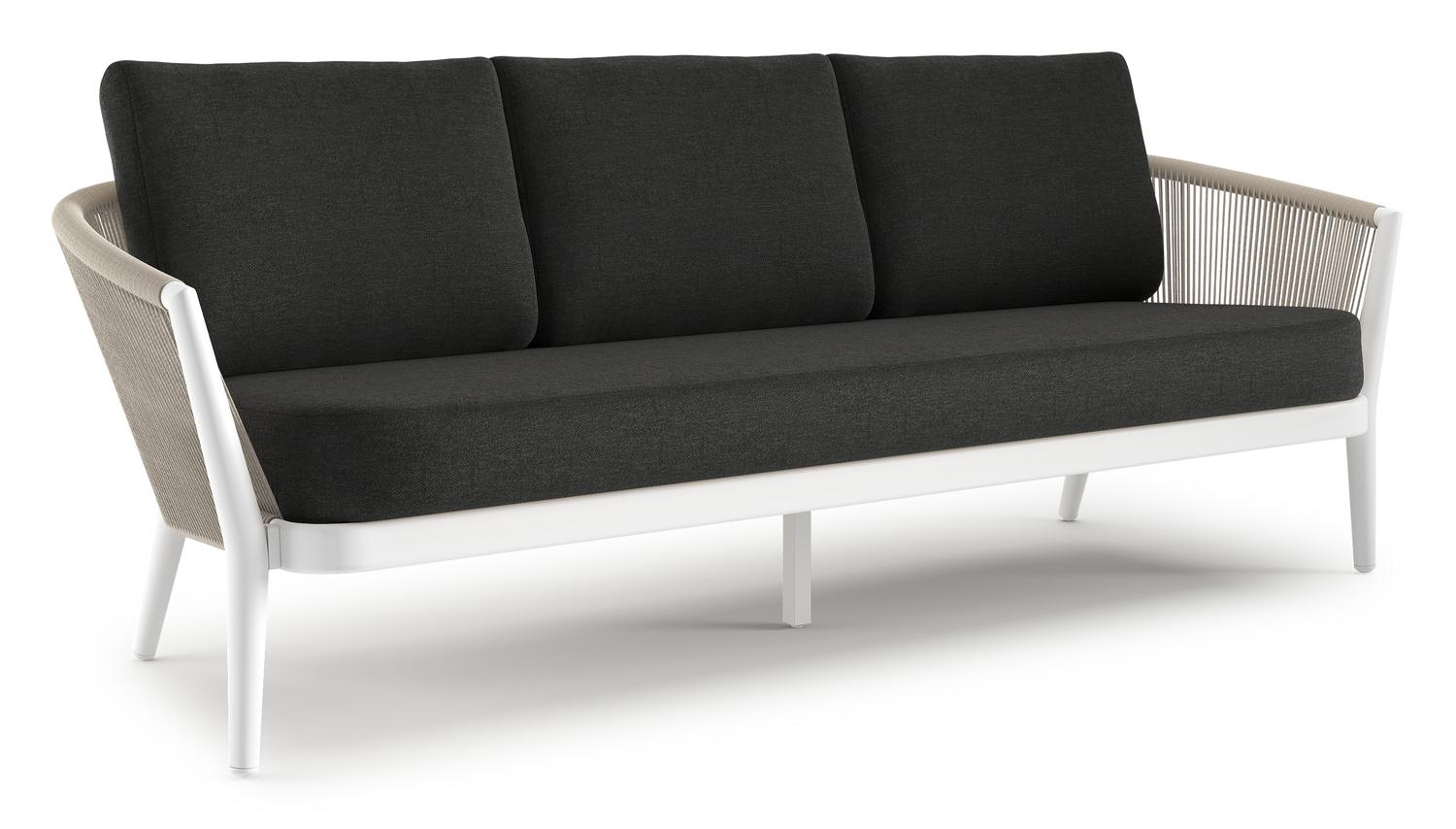 Canapé de jardin Orso en aluminium blanc en corde ronde tissée verticalement beige et coussins en all weather sunbrella® luxe Chartres Sooty