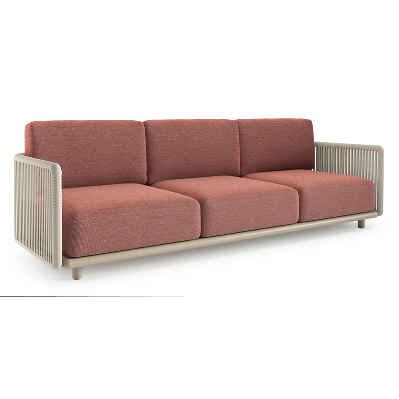 Organo loungebank in beige aluminium en beige verticaal geweven luxe vlakke rope met slow alezan all weather Sunbrella® luxe kussen