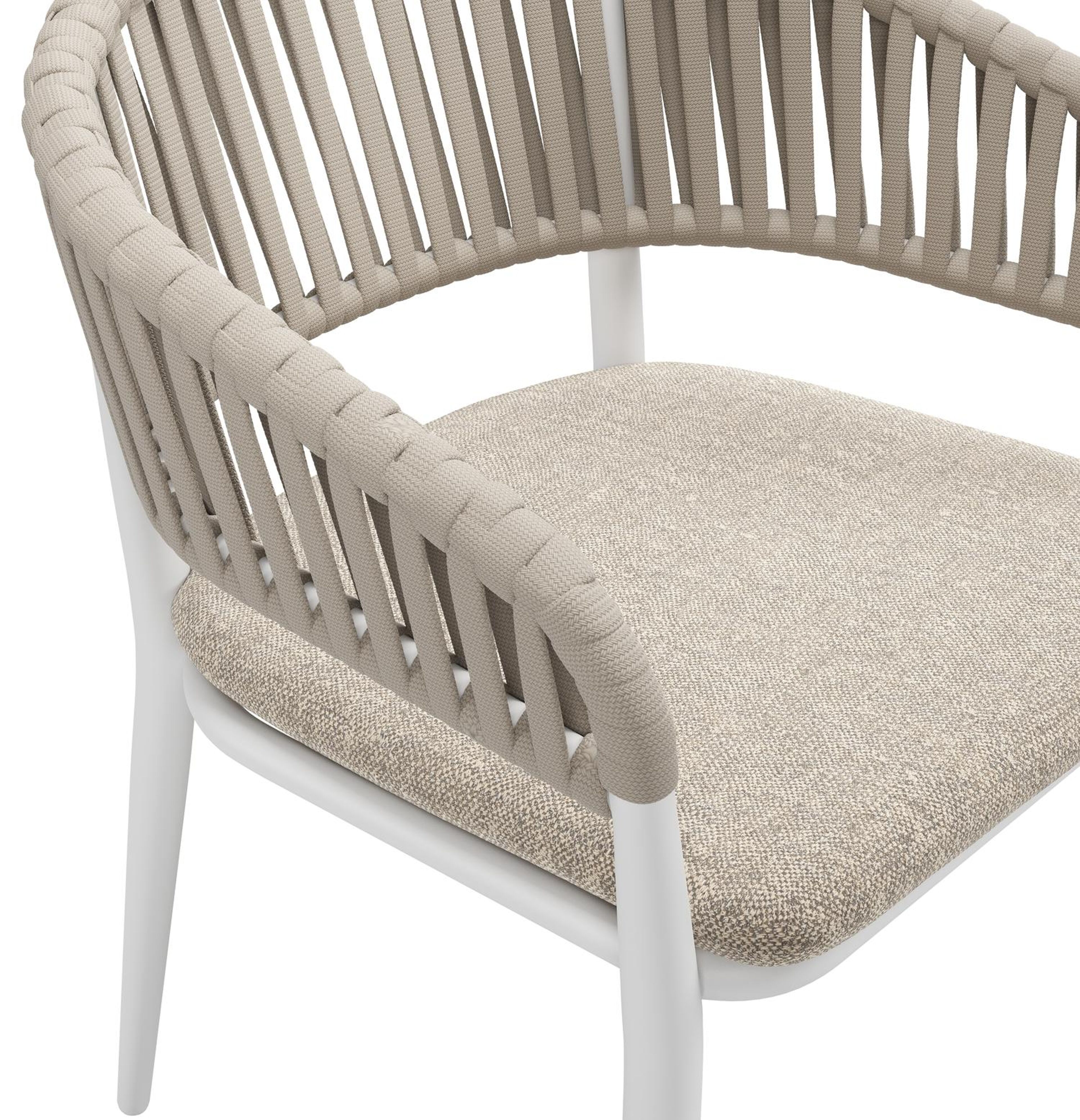 Tolfa stapelbare tuinstoel in wit aluminium en beige verticaal geweven luxe vlakke brede rope met stoelkussen in All Weather Sunbrella® Luxe Chartres Pewter