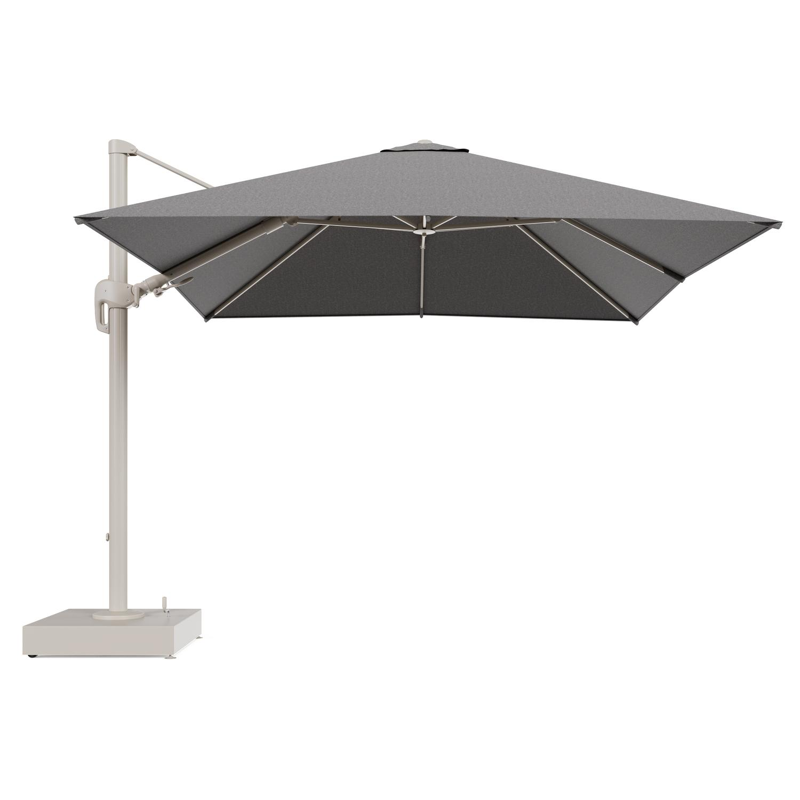 Rufina zweefparasol met tiltfunctie in beige aluminium en Chartres Drizzle All Weather Sunbrella® Luxe parasoldoek - L1 300 x L2 300 cm met parasolvoet Minore 150 kg met wielen
