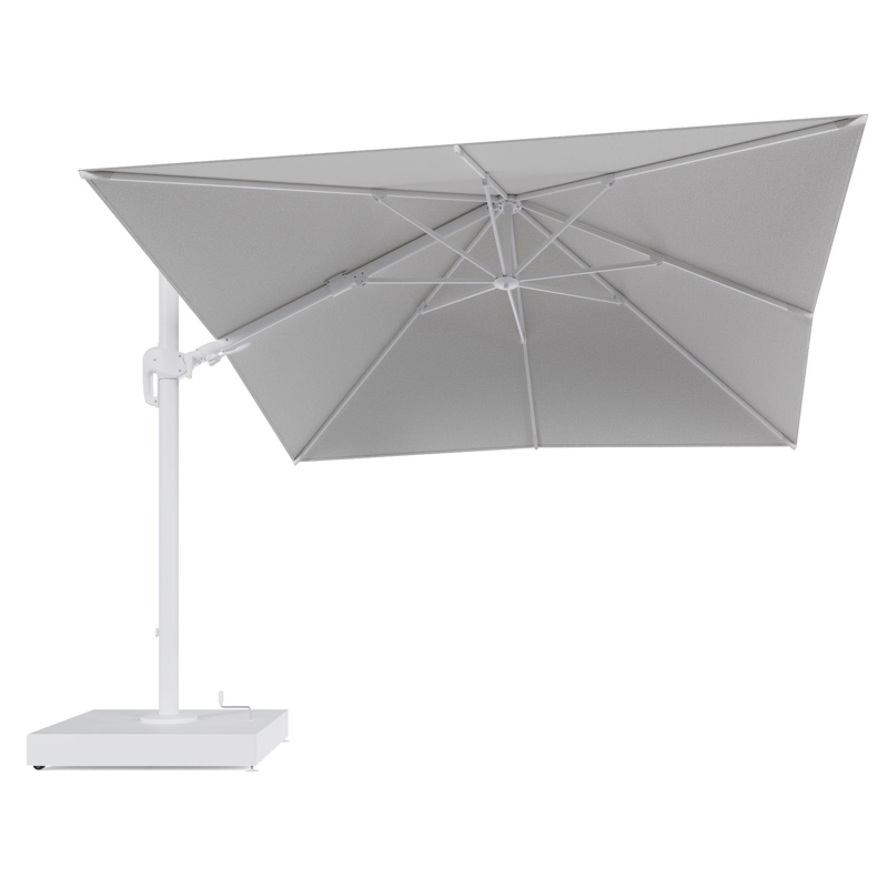 Rufina zweefparasol met tiltfunctie in wit aluminium en Ego Birch All Weather Solica parasoldoek - L1 300 x L2 300 cm met parasolvoet Minore 260 kg met wielen