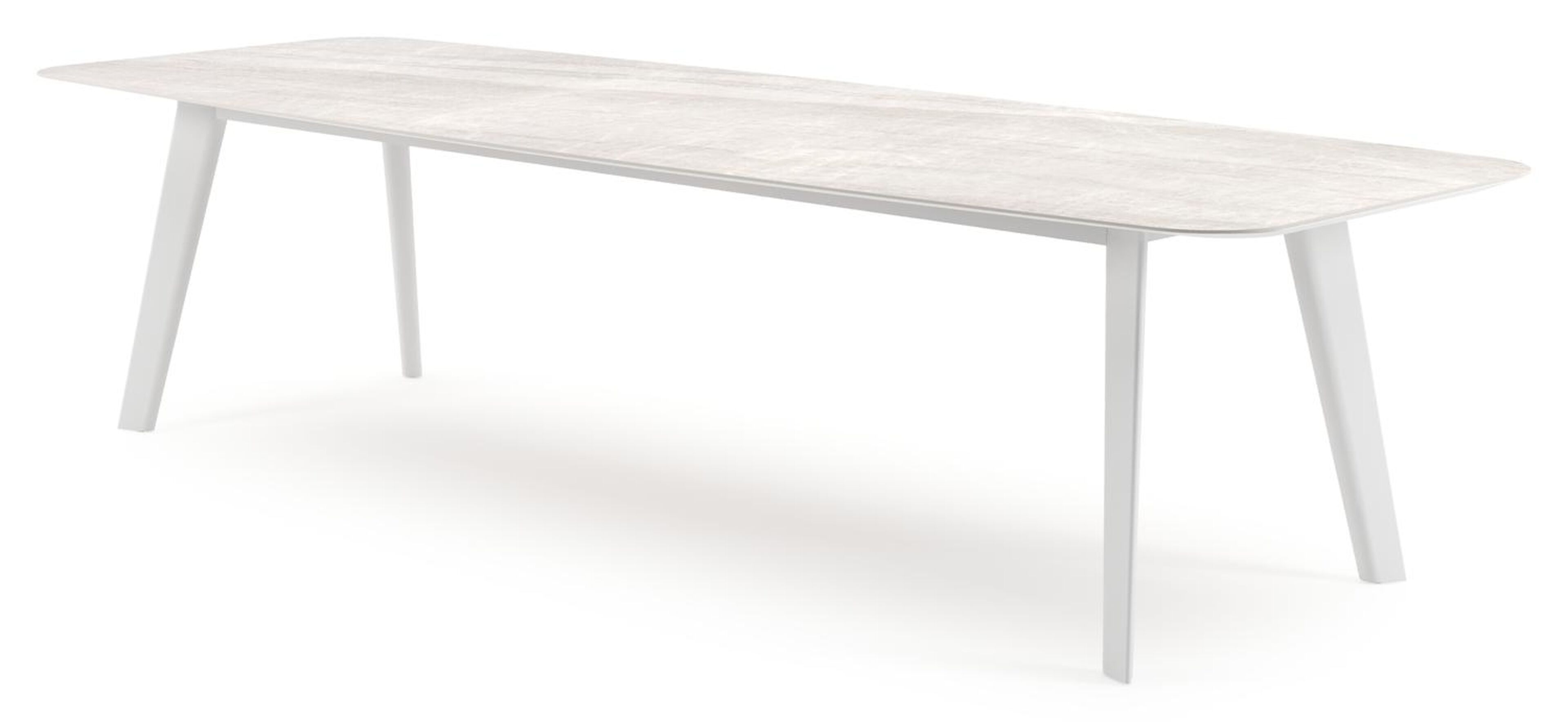 Table de jardin Lacrima forme de bateau en aluminium blanc et céramique pleine Taj Mahal - Lg. 315 x Lrg. 115 x Haut. 73 cm