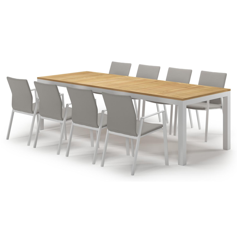 Varese tuinset in wit aluminium en naturel teak tafelblad met 8 stapelbare Madura tuinstoelen