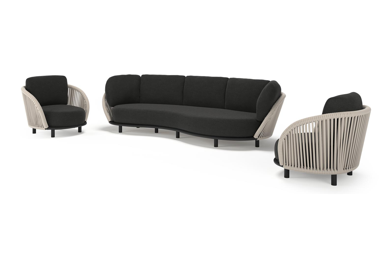 Lupino loungeset in beige aluminium en beige verticaal geweven luxe vlakke brede rope met chartres sooty all weather sunbrella® luxe kussen