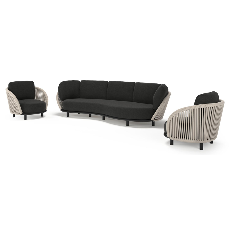 Lupino loungeset in beige aluminium en beige verticaal geweven luxe vlakke brede rope met chartres sooty all weather sunbrella® luxe kussen