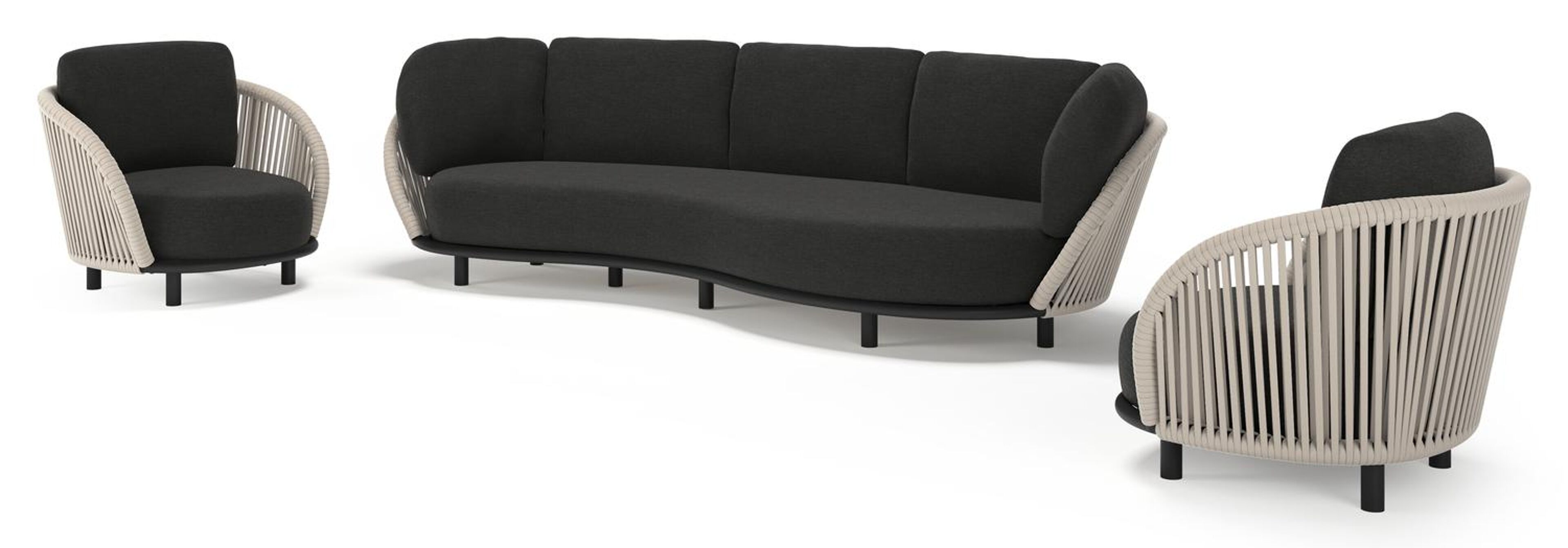 Lupino loungeset in beige aluminium en beige verticaal geweven luxe vlakke brede rope met chartres sooty all weather sunbrella® luxe kussen