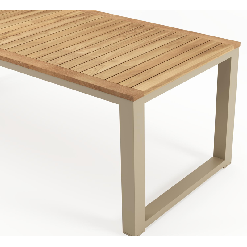 Table de jardin Livo rectangulaire en aluminium beige et teck Naturel - Lg. 220 x Lrg. 92 x Haut. 73.5 cm