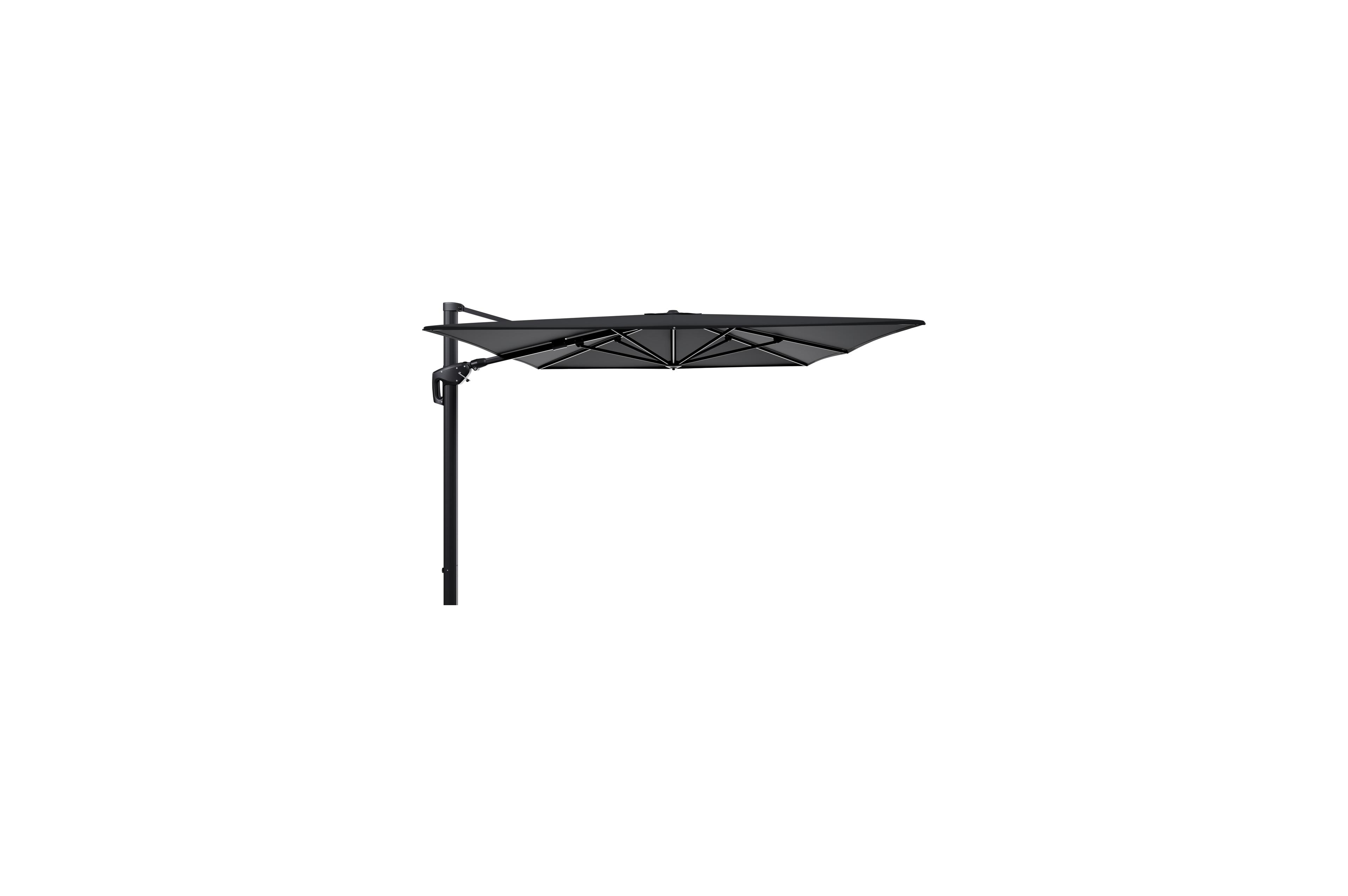 Minore zweefparasol met tiltfunctie in zwart aluminium met zwart all weather sunbrella® premium parasoldoek - L1 400 x L2 300 cm (zonder voet)