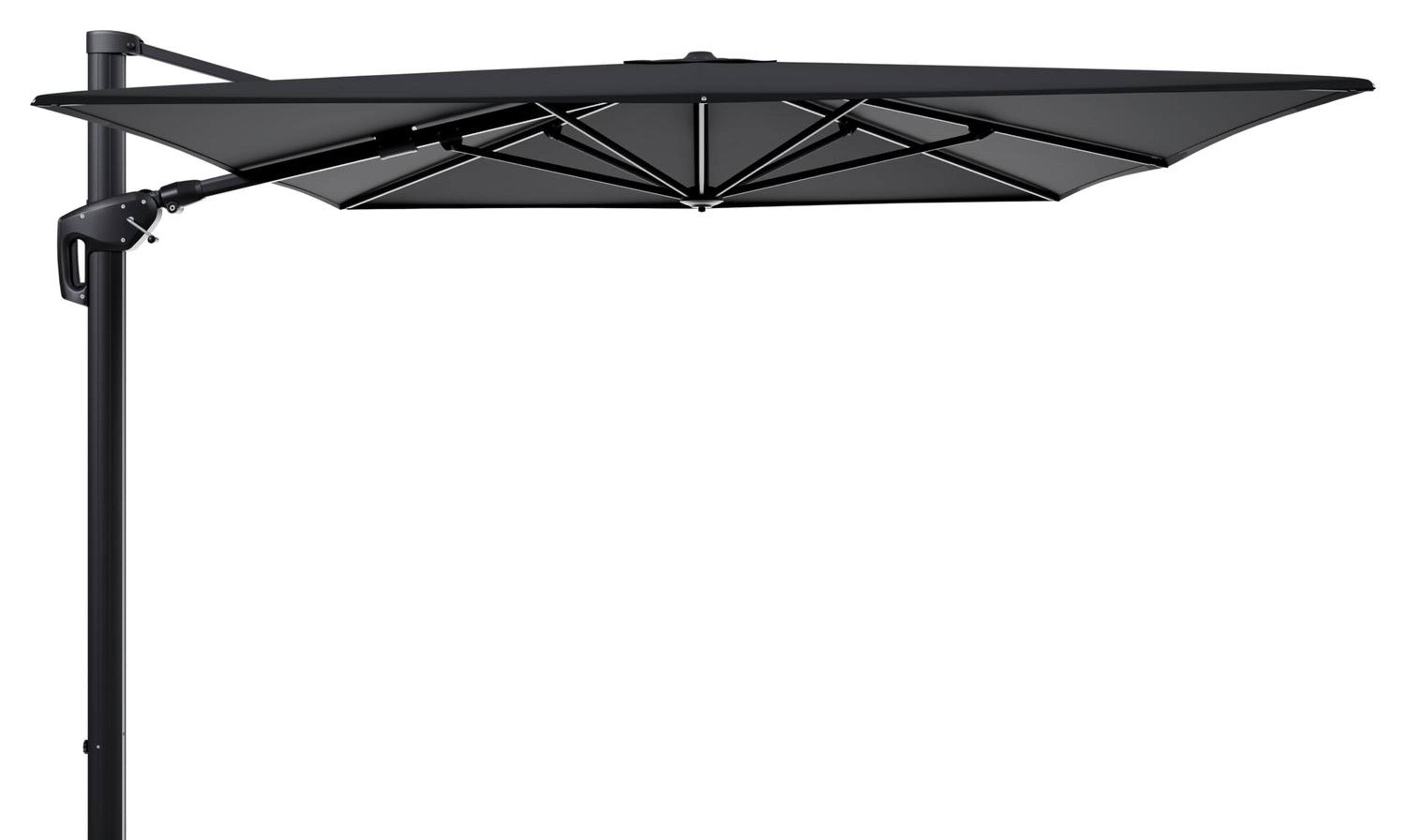 Parasol pendant Minore avec fonction tilt en aluminium noir avec toile de parasol en all weather sunbrella® premium noir - Lg.1 400 x Lg.2 300 cm (sans pied de parasol)