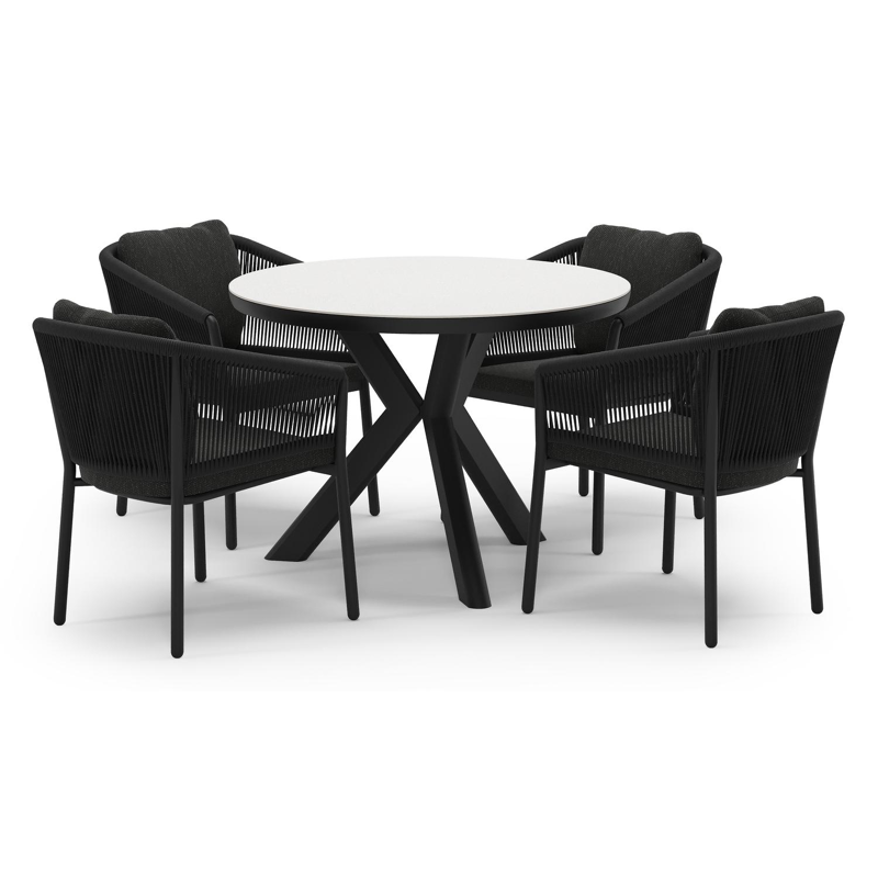 Pamplona tuinset in zwart aluminium en topo minerale sintered stone met 4 Gerona tuinstoelen