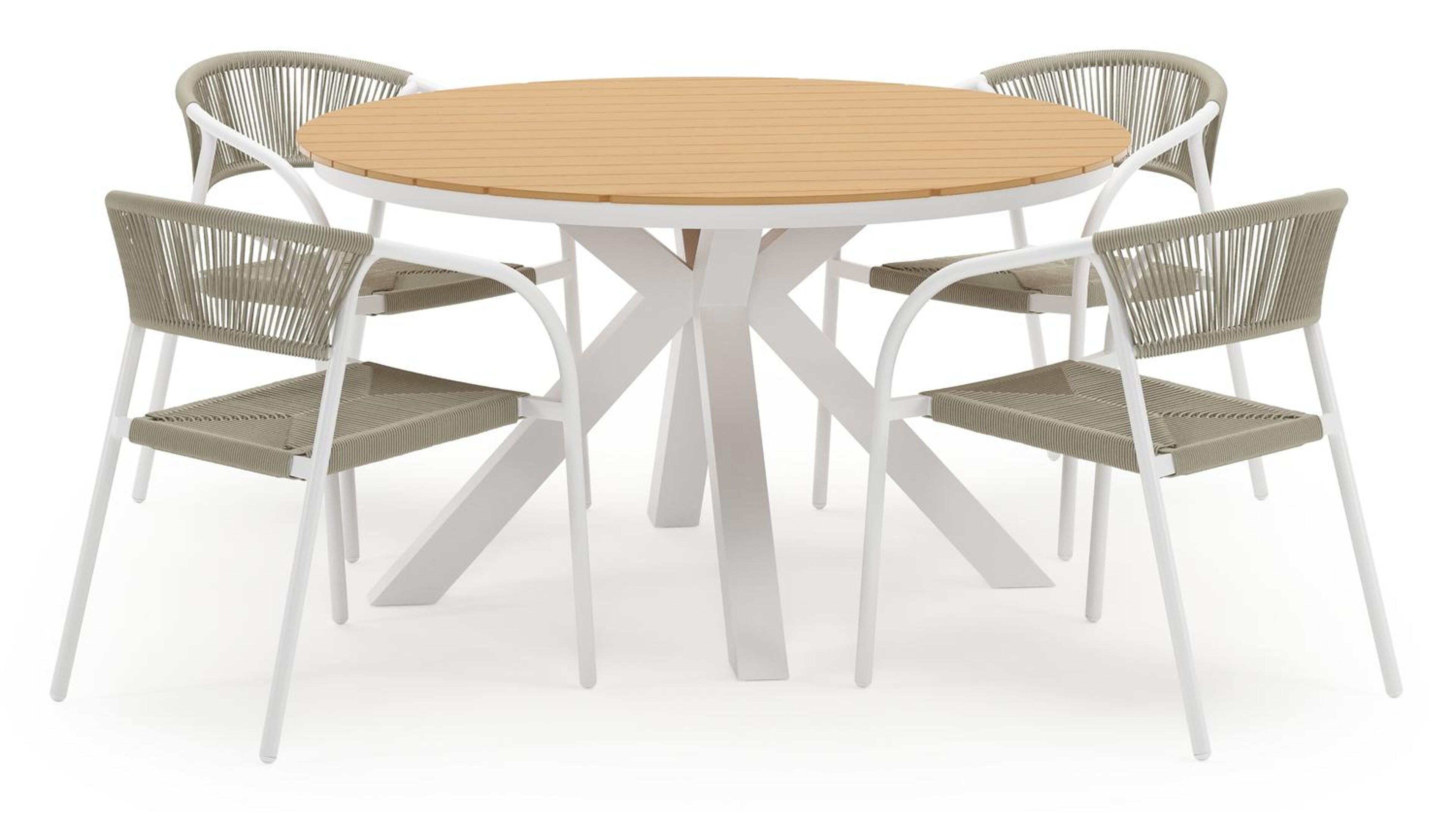 Tora tuinset in wit aluminium en polywood met 4 stapelbare Melo tuinstoelen