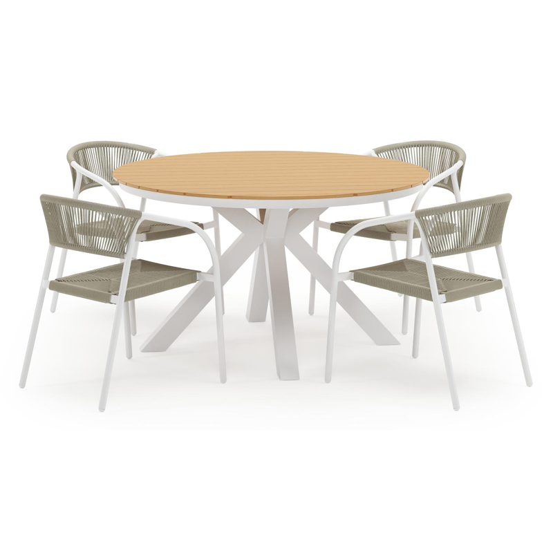 Tora tuinset in wit aluminium en polywood met 4 stapelbare Melo tuinstoelen