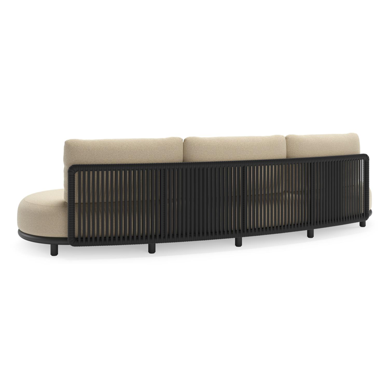 Canapé de jardin Lomano en aluminium noir et corde luxe plate tissée verticalement noir et coussins en all weather solica soul papyrus