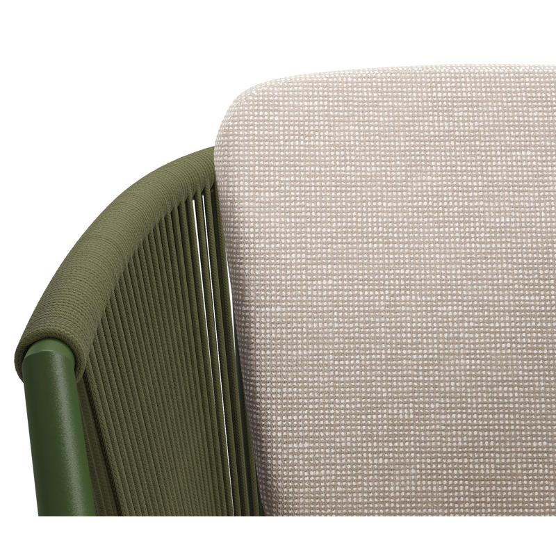 Chaise de jardin Orso en aluminium vert et corde ronde tissée verticalement vert avec coussin en All Weather Sunbrella® Luxe Slow Farafra