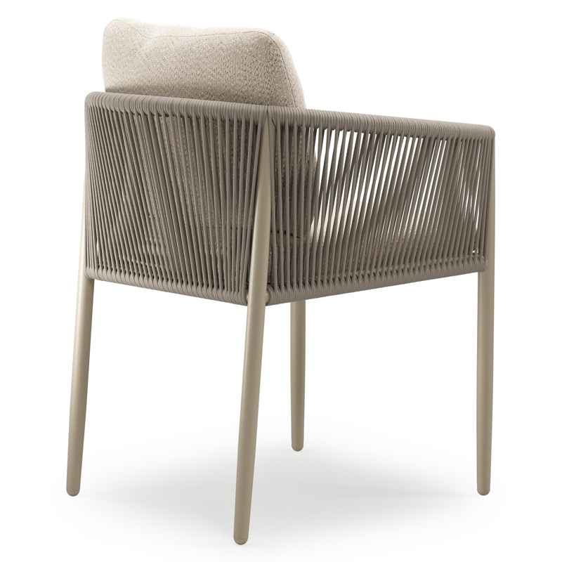 Organo tuinstoel in zwart aluminium en beige verticaal geweven ronde rope met stoelkussen in All Weather Sunbrella® Luxe Lopi Sand