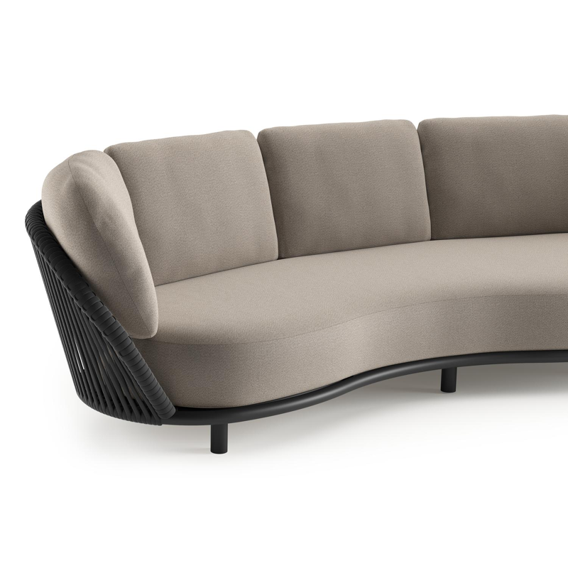 Lupino loungeset in zwart aluminium en zwart verticaal geweven luxe vlakke brede rope met savane coconut all weather sunbrella® luxe kussen