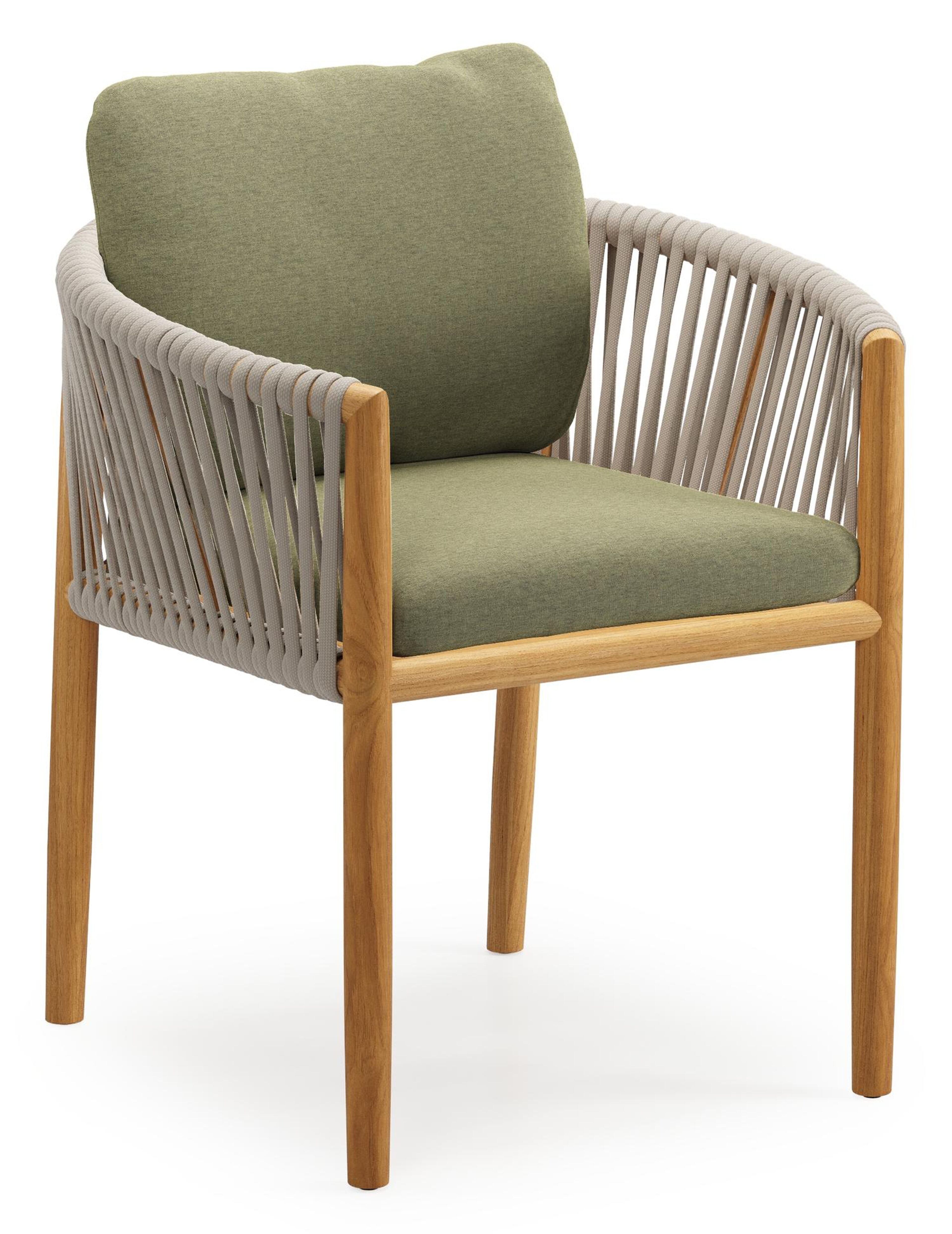 Organo tuinstoel in teak en beige verticaal geweven luxe vlakke rope met zitkussen in All Weather Sunbrella® Luxe Heritage Leaf
